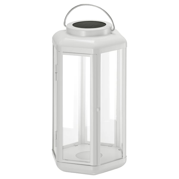 SOLVINDEN: white solar lantern, abs plastic, stainless steel, clear glass, carry handle.