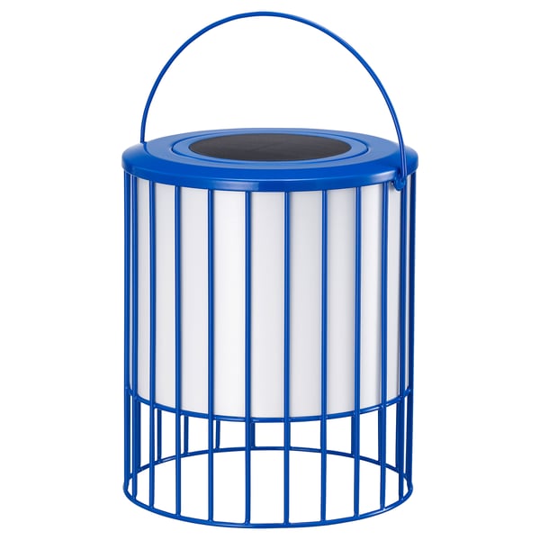 Blue cylindrical SOLVINDEN solar lamp with grid design and handle on top.