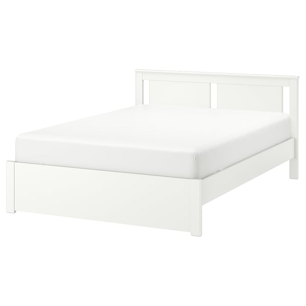 White SONGESAND bed, soft edges, high legs, fiberboard frame, resin veneer slatted base. - 149 characters