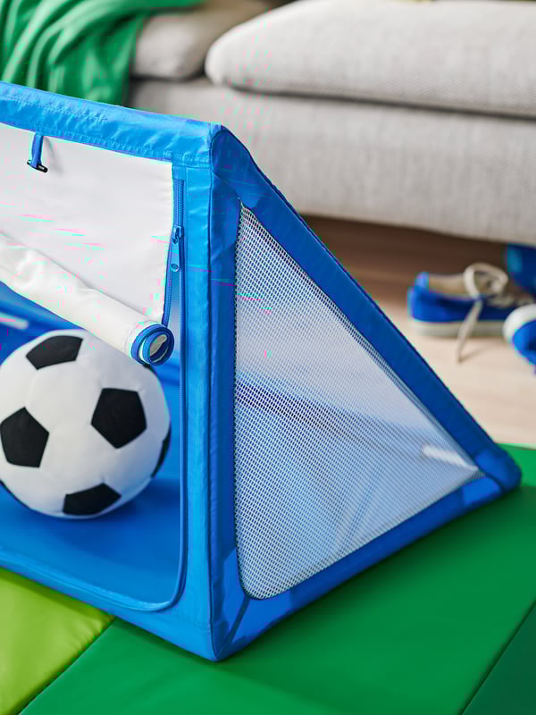 Blue SPARKA kids soft soccer goal, mesh net, green base, indoor play.