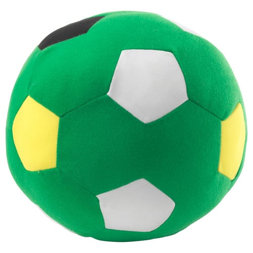 SPARKA green indoor soft ball with white & yellow panels; round shape.