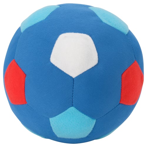 Soft blue, red, and light blue football-shaped toy made of polyester.