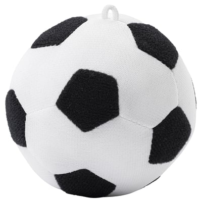 Spherical SPARKA toy, white with black pentagons, soft plush texture.