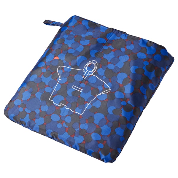 Blue patterned SPJUTSÖ pouch with grey and red dots, featuring white outline design, made from recycled polyester and polyurethane.