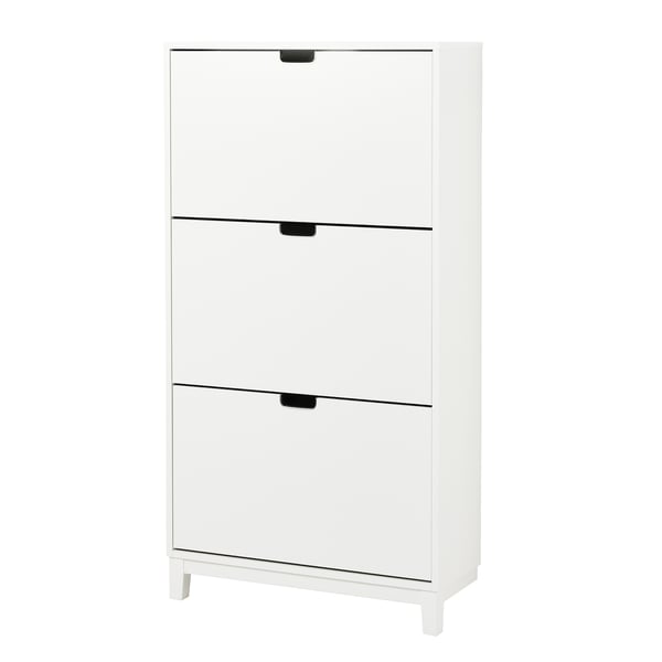 White STÄLL shoe cabinet, 3 compartments with handles and metal edges.