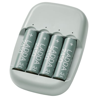 Ikea STENKOL grey battery charger holds four ladda aas, made from 50% recycled plastic.