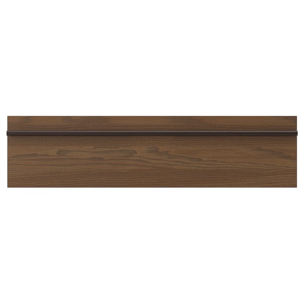 Dark brown stained ash veneer kitchen cabinet panel with a long, solid wooden handle stretching across the width.