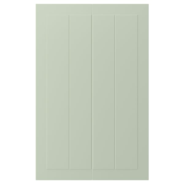 Two green grooved doors with smooth, rectangular design.