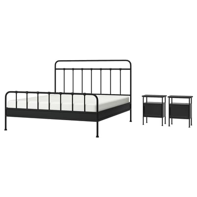 Bedroom set with black metal bedframe, white mattress, and two matching nightstands.