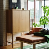Stylish bench in brown leather, anchored against light wood cabinet, near lush green plant.