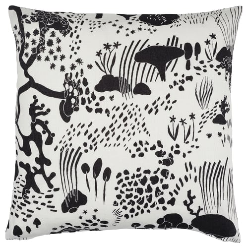 Ikea STOCKHOLM 2025 cushion, black & white forest print, square shape, linen fabric.