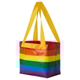 Rainbow reusable bag, yellow handle, eco-friendly.