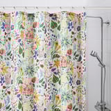 STRANDLUMMER shower curtain: white with vibrant flower patterns, 72x72, polyester, water-repellent. Fits bathroom niches, bright & casual.