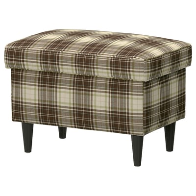 STRANDMON footstool, plaid pattern, wooden legs, storage, brown, cosy, rectangular.
