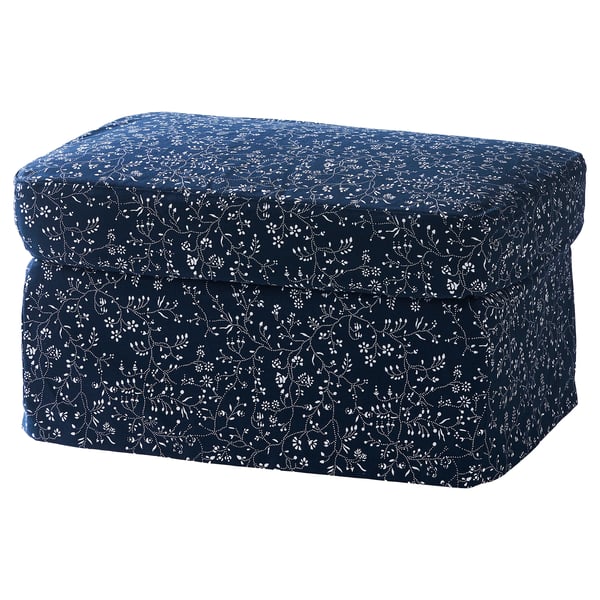 A dark-blue floral-patterned STRANDMON footstool with a comfortable, rectangular shape.