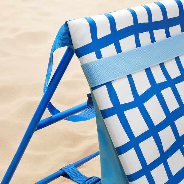 Blue & white beach chair, durable, sturdy.