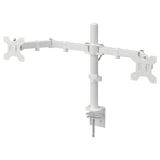 White dual-monitor desk mount, stubberet, adjusts screens for comfort and ergonomics, clamps desks, organizes cables.