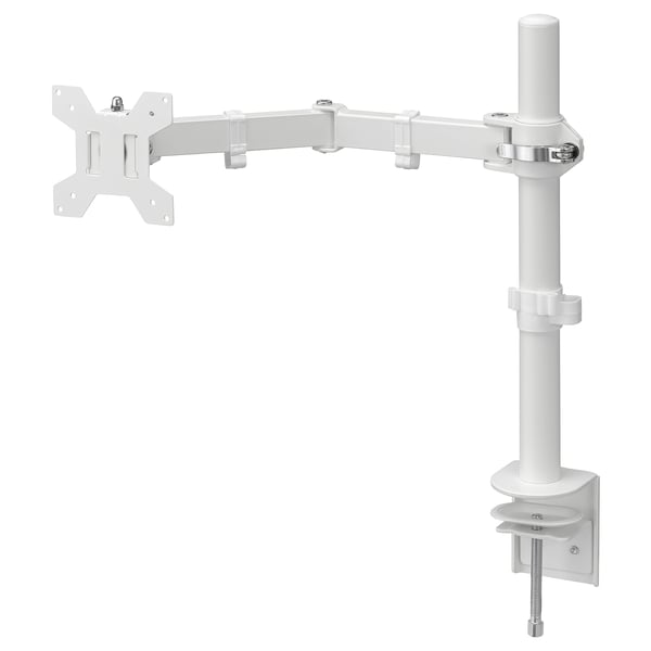 A white STUBBERGET monitor arm, adjustable and clamp-on, made of steel and plastic for desk mounting.