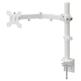 A white STUBBERGET monitor arm, adjustable and clamp-on, made of steel and plastic for desk mounting.
