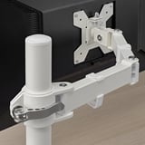 Mounted monitor bracket shown. Adjustable arms secure screen to desk. Quality hinges and clamps visible.