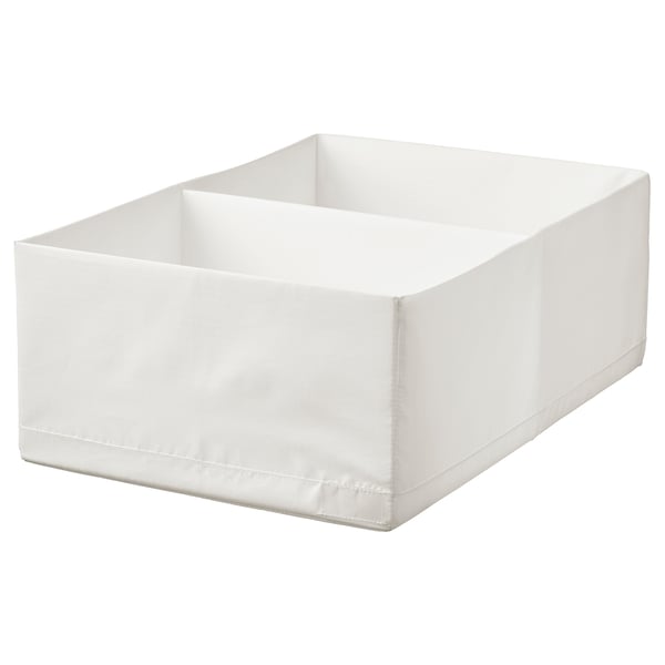 A white STUK storage box for organizing clothes, made of recycled polyester.