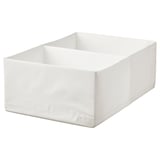 A white STUK storage box for organizing clothes, made of recycled polyester.