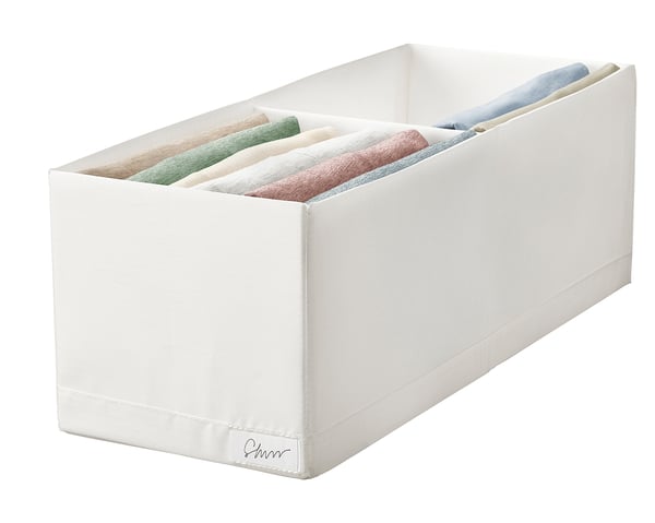 Organisation box, white, fabric & plastic, rectangular, with socks, plain design.