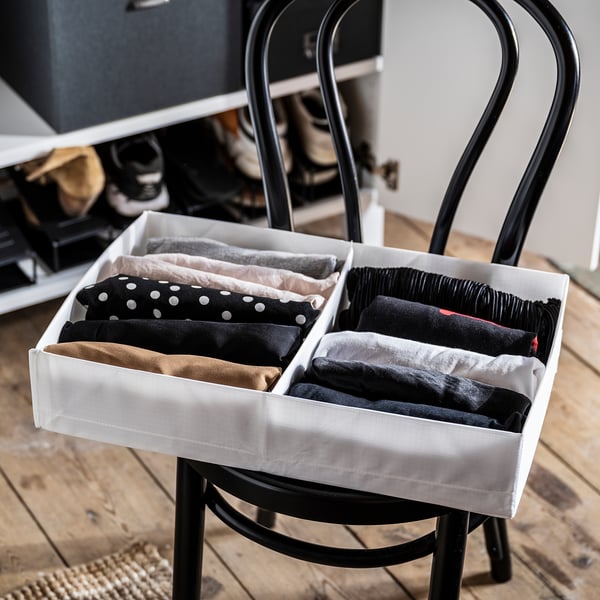 Box organizer with socks. White, divided, fits drawer, recycled polyester.