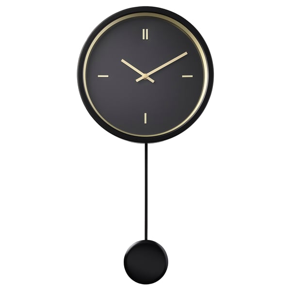 Black wall clock, round shape, gold accents, aluminum face, gold hands, single pendulum.