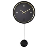 Black wall clock, round shape, gold accents, aluminum face, gold hands, single pendulum.