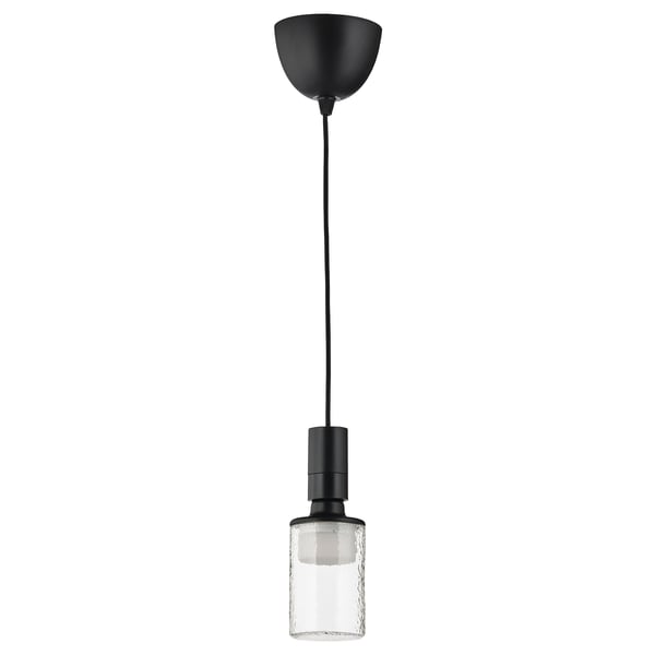 A SUNNEBY pendant lamp with a black textile cord and a rectangular, hammered glass bulb.