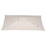 A beige, closed rectangular parasol canopy with a central vent and a strap with a buckle.
