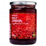 Jar of SYLT LINGON organic lingonberry jam, 400g. Bright red label, ikea branding.