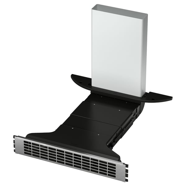 Modern silver and black sleek kitchen hood with built-in extractor for IKEA, designed to efficiently vent while cooking.
