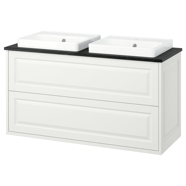 TÄNNFORSEN / ORRSJÖN Wash-stnd w drawers/wash-basin, white/black marble effect, 122x49x71 cm