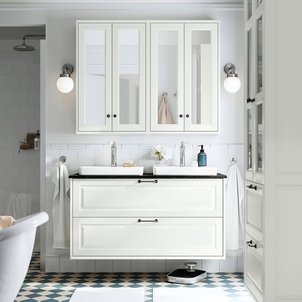 TÄNNFORSEN / ORRSJÖN Wash-stnd w drawers/wash-basin, white/black marble effect, 122x49x71 cm
