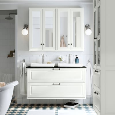 TÄNNFORSEN / ORRSJÖN Wash-stnd w drawers/wash-basin, white/black marble effect, 122x49x71 cm