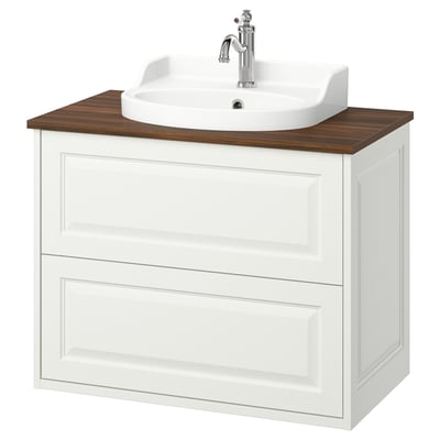 TÄNNFORSEN white bathroom vanity, wooden top, ceramic sink, classic design.