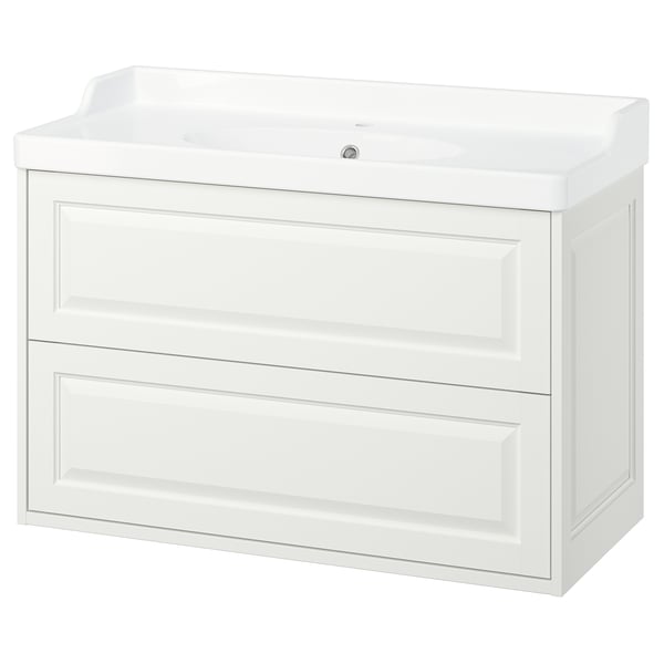 White TÄNNFORSEN vanity, classic design with bevelled panel drawer fronts, ceramic basin, wall-mount or leg options.