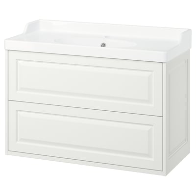 White TÄNNFORSEN vanity, classic design with bevelled panel drawer fronts, ceramic basin, wall-mount or leg options.