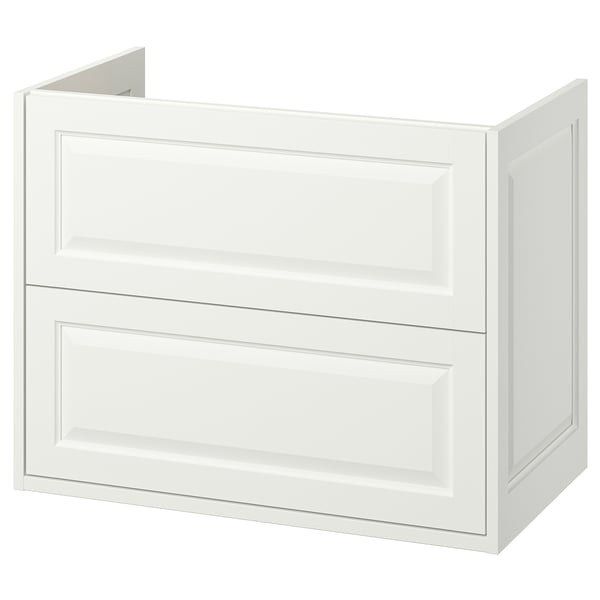 White TÄNNFORSEN bathroom cabinet with classic beveled details, featuring two drawers for storage.