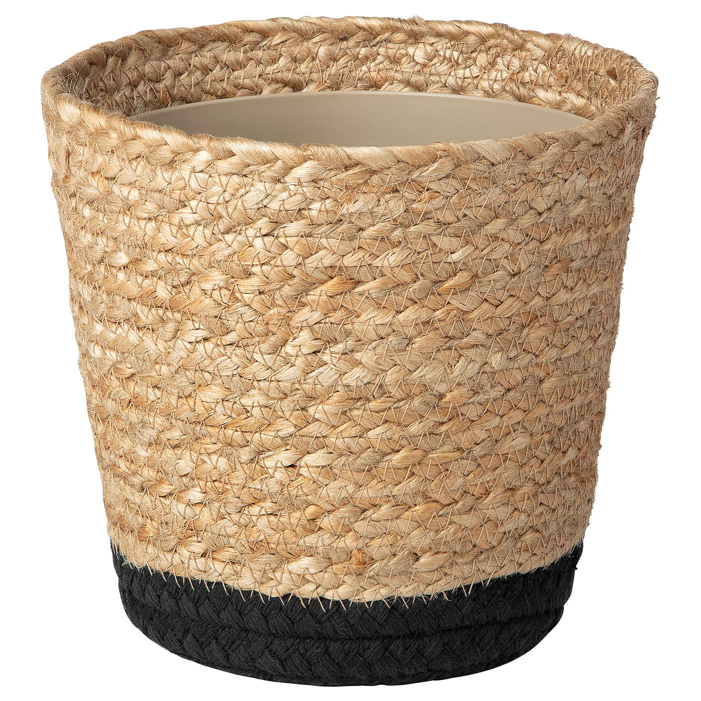TÄRNMÅS natural jute plant pot with dark base, cylindrical shape, handwoven design.