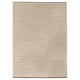 This image shows the TÅGSPÅR rug, a beige and white striped wool rug with a 3d effect.