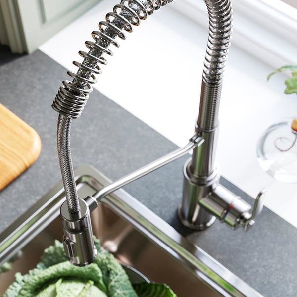 TAKSJÖN Kitchen mixer tap pull down w spray, stainless steel colour