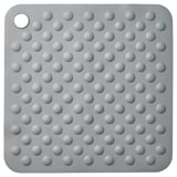 Gray square bath mat with numerous small dots; synthetic rubber; suction cups for stability.