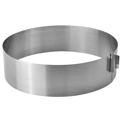Round stainless steel cake baking frame, adjustable, polished silver.