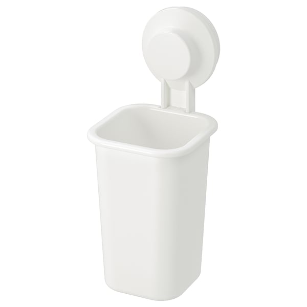 A white TISKEN wall-mounted holder with suction cup, square-shaped, made of plastic, ideal for storing small items.