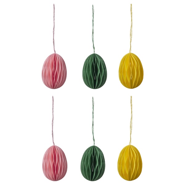 Six TJÄRLEK paper ornaments, pink, green, yellow; geometric, hanging decor.