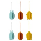 Six 3d paper ornaments: turquoise, orange, yellow shapes with hanging strings, 2x3 arrangement.
