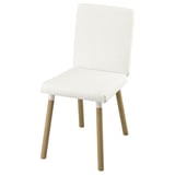 A white TONSTAD chair with wooden legs. It a plush backrest and seat for comfort. The design is modern and minimalist, perfect for dining.